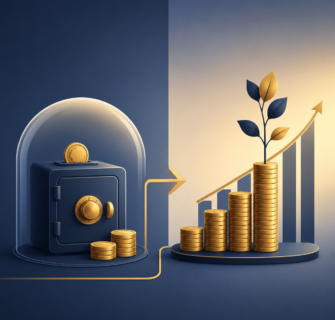 Ilustração representando a diferença entre guardar dinheiro e investir