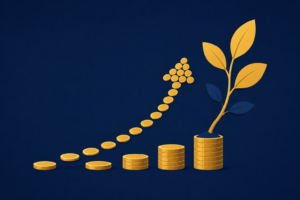 Ilustração minimalista de seta de crescimento financeiro feita de moedas se transformando em uma planta, em tons de azul-marinho e dourado