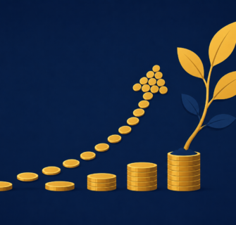 Ilustração minimalista de seta de crescimento financeiro feita de moedas se transformando em uma planta, em tons de azul-marinho e dourado