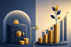 Ilustração representando a diferença entre guardar dinheiro e investir