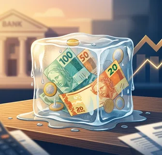 Dinheiro derretendo como um bloco de gelo, representando a perda de valor do dinheiro parado no banco