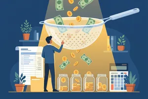Ilustração de dinheiro escorrendo por uma peneira sendo recolhido em potes organizados, representando a transição de gastos sem controle para um sistema financeiro estruturado
