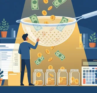 Ilustração de dinheiro escorrendo por uma peneira sendo recolhido em potes organizados, representando a transição de gastos sem controle para um sistema financeiro estruturado