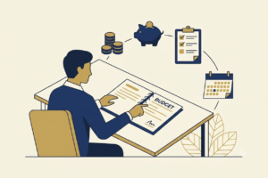 Ilustração minimalista de organização financeira pessoal em tons de azul-marinho e dourado