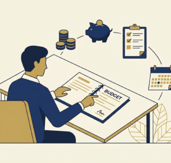 Ilustração minimalista de organização financeira pessoal em tons de azul-marinho e dourado