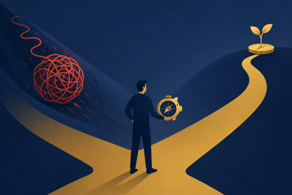 Ilustração minimalista em azul-marinho e dourado de uma pessoa em uma encruzilhada, representando a escolha entre o caminho do endividamento e o caminho do planejamento financeiro