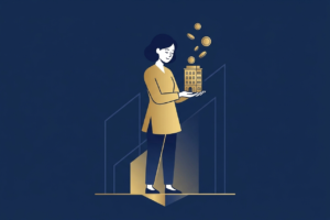 Ilustração minimalista em azul-marinho e dourado de uma pessoa segurando um pequeno prédio dourado na palma da mão, representando o investimento em fundos imobiliários