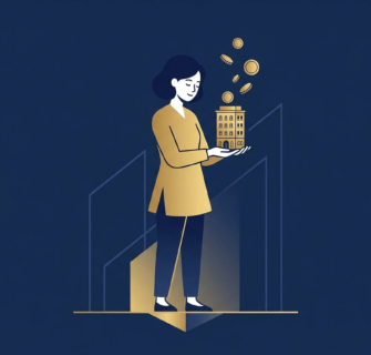 Ilustração minimalista em azul-marinho e dourado de uma pessoa segurando um pequeno prédio dourado na palma da mão, representando o investimento em fundos imobiliários