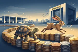 Tartaruga e lebre correndo sobre moedas, representando a comparação entre poupança e Tesouro Direto