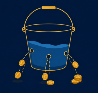Minimalist flat design infographic of a bucket with small holes leaking coins, water level dropping inside, navy blue background, gold coin details and gold outline strokes, clean geometric icons, financial leak concept, flat vector illustration style, no text --ar 3:2