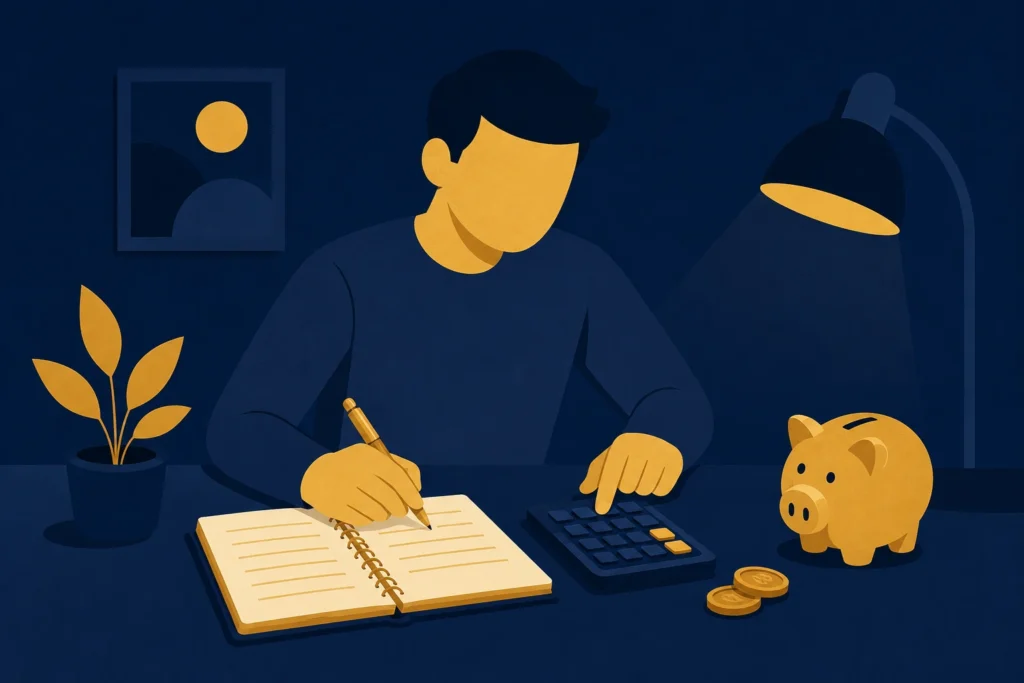 Ilustração minimalista de uma pessoa organizando o orçamento doméstico com calculadora e cofrinho, em tons de azul-marinho e dourado.