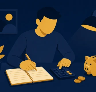 Ilustração minimalista de uma pessoa organizando o orçamento doméstico com calculadora e cofrinho, em tons de azul-marinho e dourado.