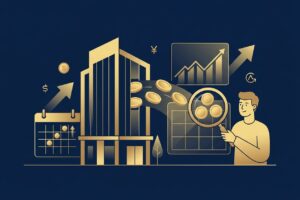 Ilustração minimalista em azul-marinho e dourado representando o investimento em fundos imobiliários