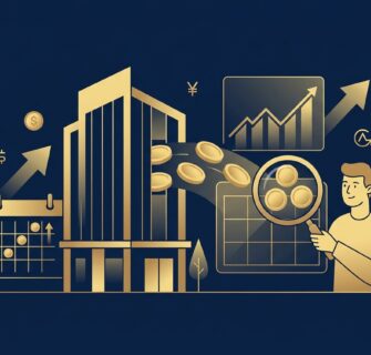 Ilustração minimalista em azul-marinho e dourado representando o investimento em fundos imobiliários