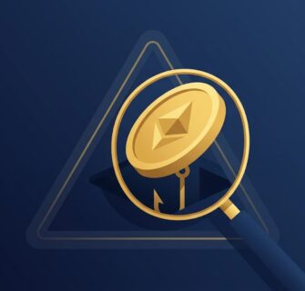 uma lupa examinando uma moeda dourada, revelando uma armadilha escondida, representando os golpes de investimento