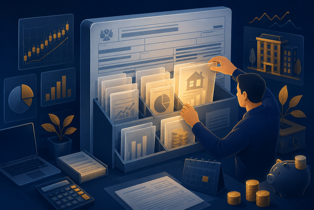 Ilustração de documentos financeiros sendo organizados em um arquivo no formato de declaração de imposto de renda, representando a organização de investimentos para o IRPF 2027