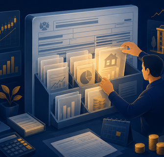 Ilustração de documentos financeiros sendo organizados em um arquivo no formato de declaração de imposto de renda, representando a organização de investimentos para o IRPF 2027