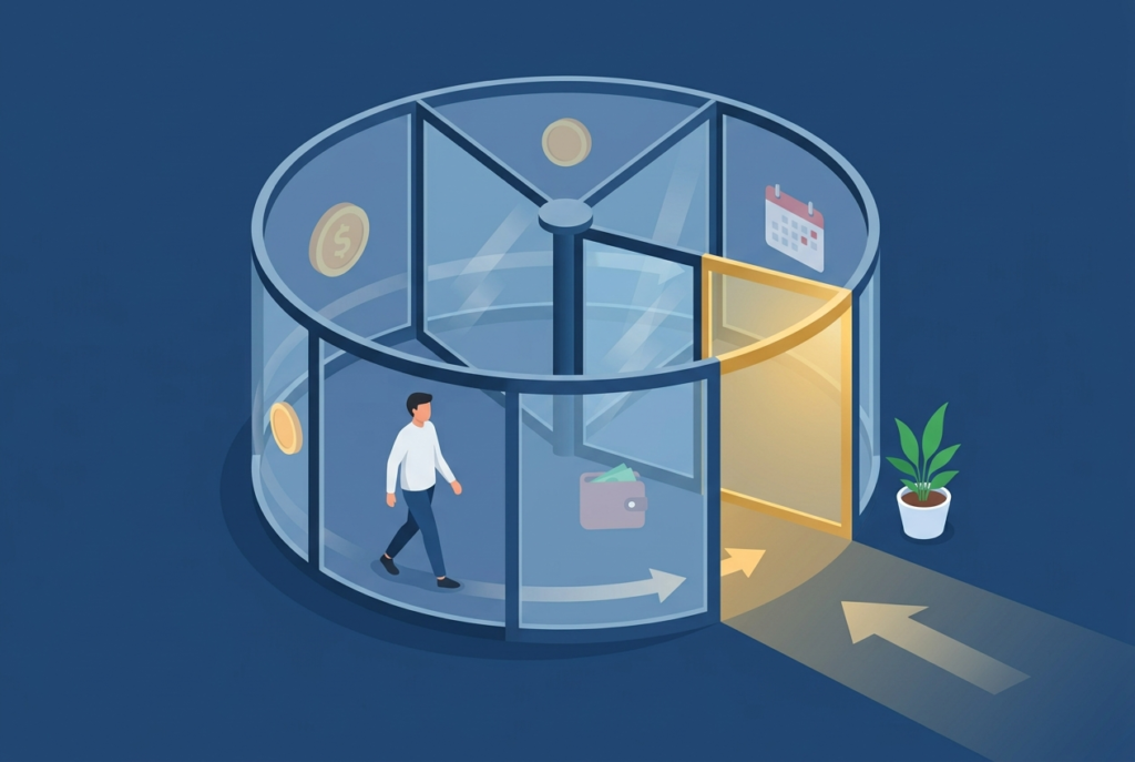  Ilustração de uma pessoa em uma porta giratória de vidro que leva de volta ao ponto de partida, representando o ciclo de reincidência da inadimplência no Brasil
