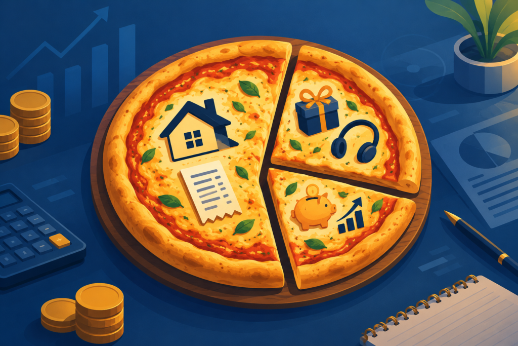 Ilustração de uma pizza já dividida em três fatias representando necessidades, desejos e futuro, simbolizando a regra 50-30-20 de orçamento