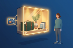 Ilustração de uma vitrine iluminada exibindo itens de consumo aspiracionais alimentada por um cartão de crédito, representando a comparação social que leva ao endividamento