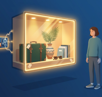 Ilustração de uma vitrine iluminada exibindo itens de consumo aspiracionais alimentada por um cartão de crédito, representando a comparação social que leva ao endividamento