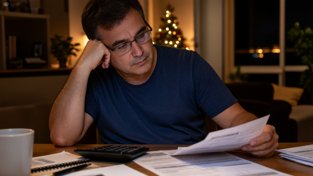 Pessoa revisando contas e calculadora em casa à noite, com luzes de Natal desfocadas ao fundo, representando a pressão financeira do fim de ano